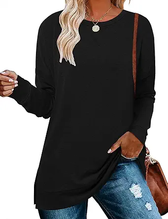 BETTE BOUTIK Women's Drop Long Sleeve Sweatshirts Casual Crewneck Tunic Tops Sweartshirts With Side Slits S-3XL
