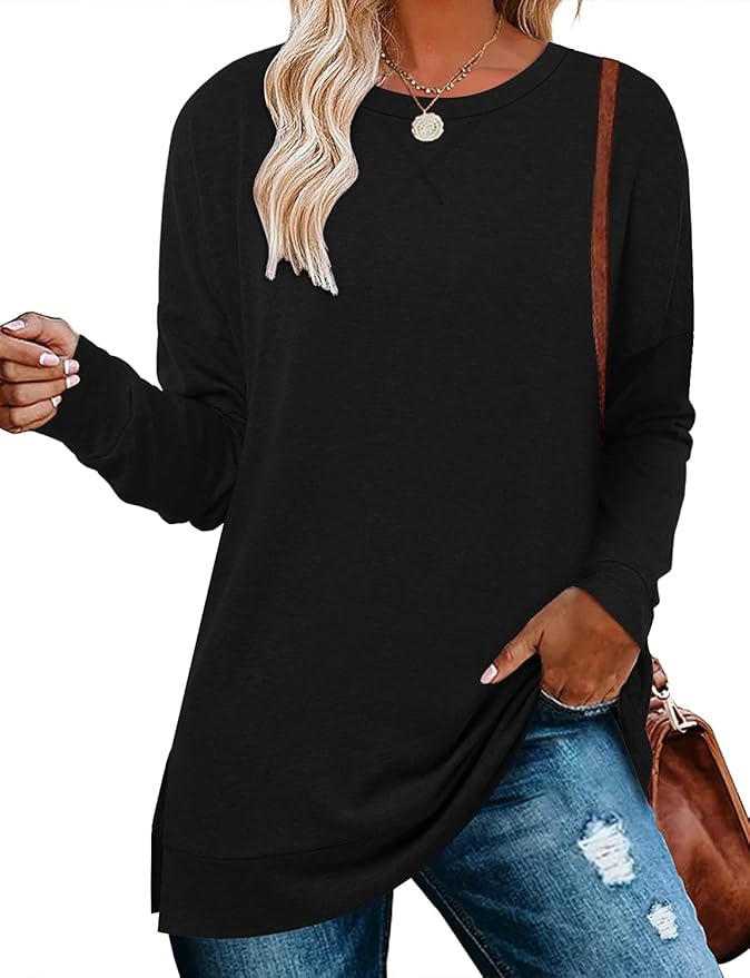 BETTE BOUTIK Women's Drop Long Sleeve Sweatshirts Casual Crewneck Tunic Tops Sweartshirts With Side Slits S-3XL