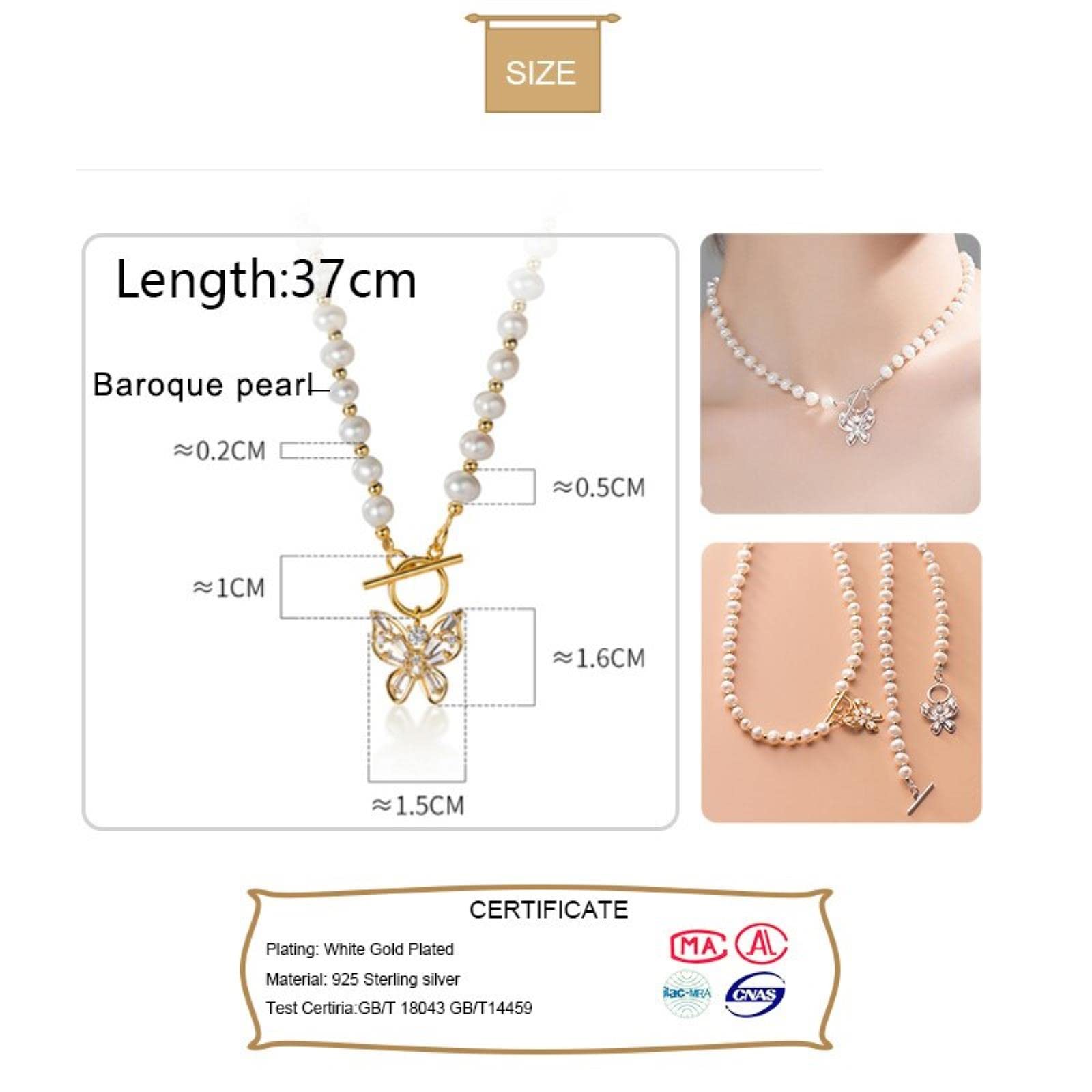 Gargantilla De Mariposa De Perla Barroca De 5mm De Plata De Ley 925, Collar Corto para Mujer, Joyería De Boda S925