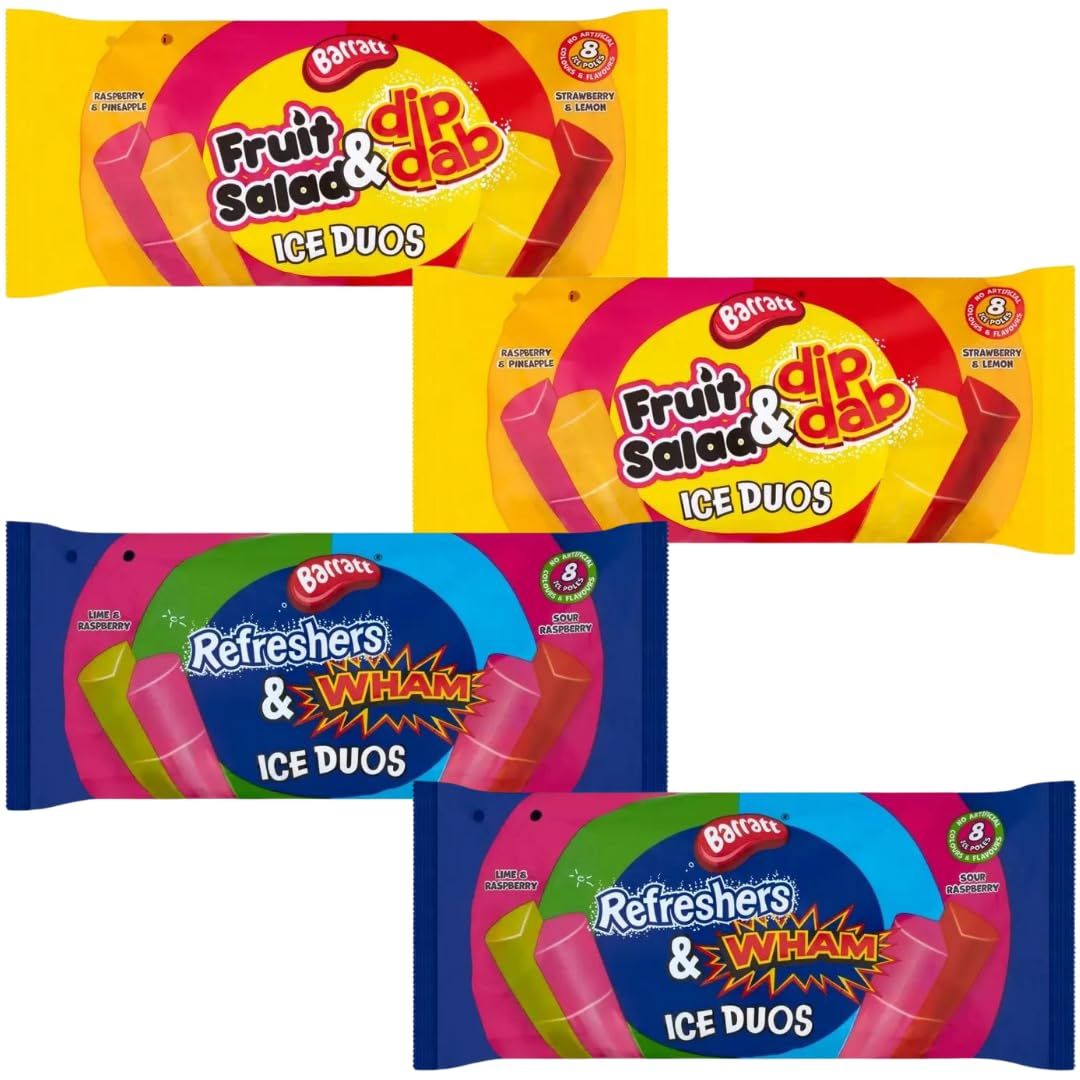 Credo Gifts Freezer Pops Bundle With Barratt Fruit Salad & Dip Dabs Ice Duos 640ml x2 & Barratt Refreshers & Wham Ice Duos 640ml x2 (4 Pack)
