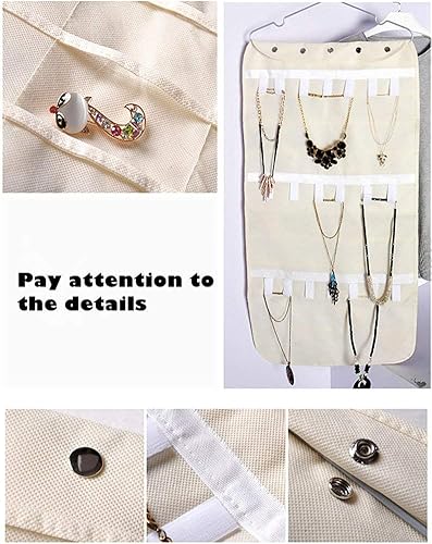 Bolsa organizadora de joyas colgante (40 bolsillos) y 20 ganchos de cinta mágica para almacenamiento en el armario para viajes portátiles, anillos,