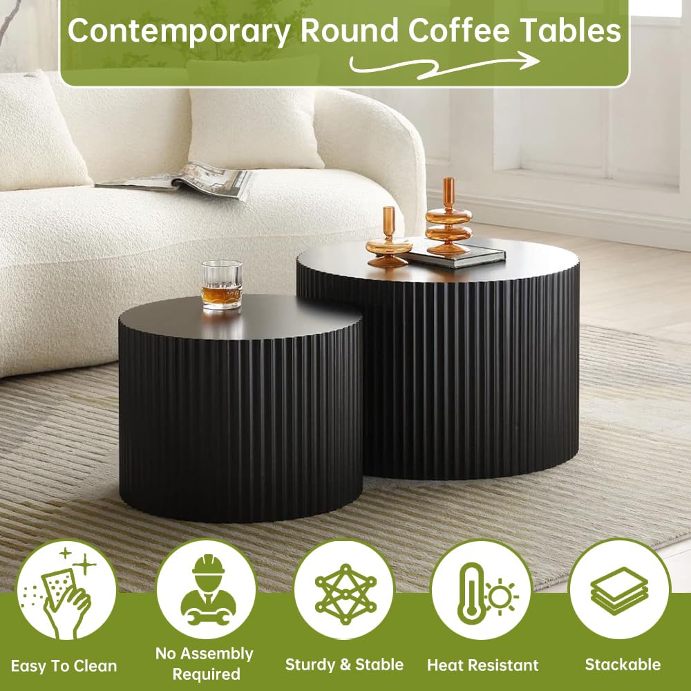 Set 2 Tavolini da caffè Rotondi Sovrapponibili 26 Pollici, C | per Soggiorno, Moderni Scanalato, Finitura verniciata a spruzzo, Tavolino da Centrale impilabile per Piccoli spazi