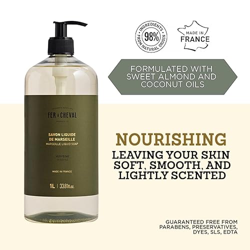 Miniatura 2 de Fer a Cheval Marseille Jabón líquido, Verbena, 1 litro 33.8 onzas líquidas Suave jabón francés para manos y cuerpo con manteca de karité Aroma