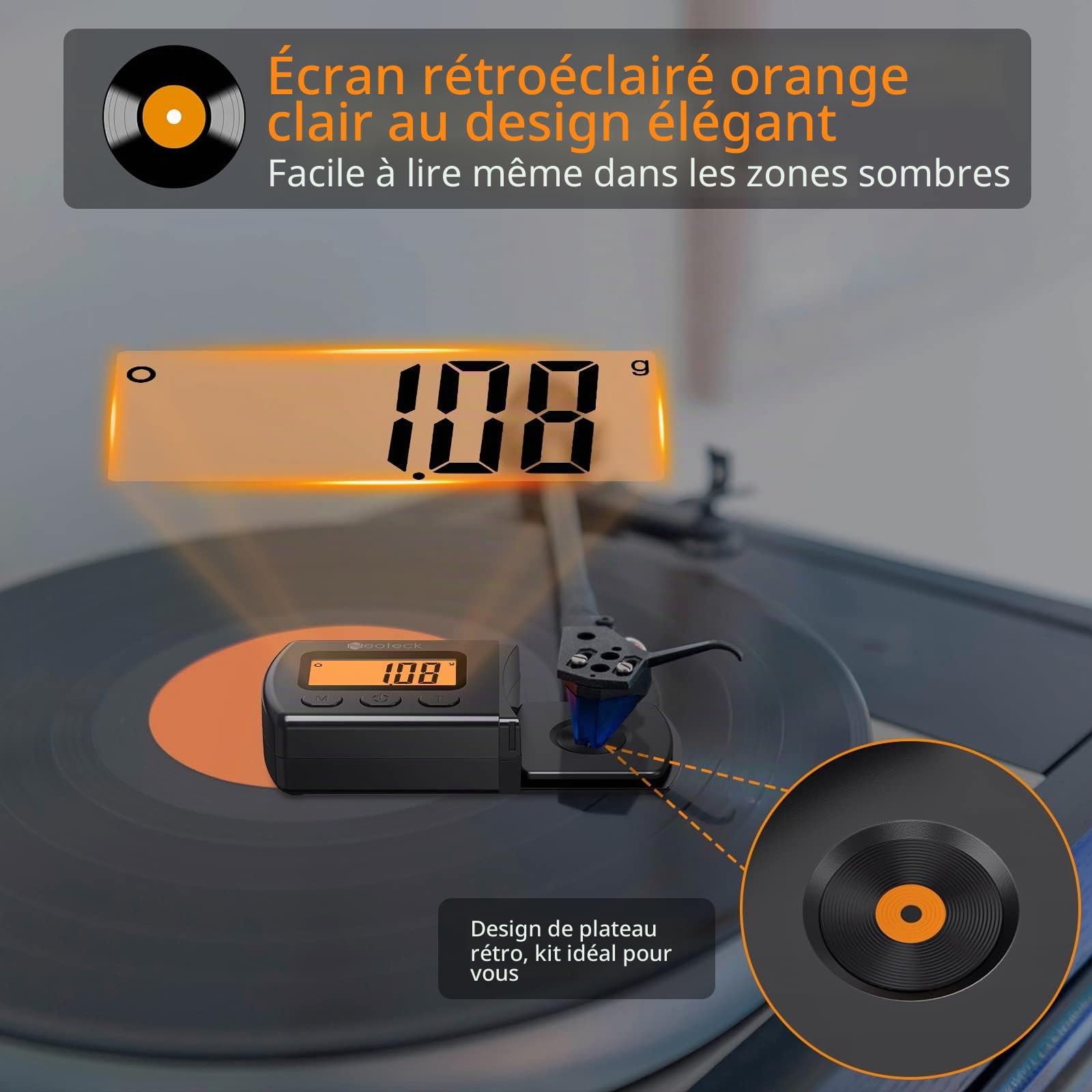 Neoteck Balance Numérique de Force Cellule Vinyle 0.01g - Non Magnétique avec Poids de Calibration - Pèse Cellule Platine Écran LCD Rétroéclairé - Jauge Stylet Accessoire Audiophile & Cadeau DJ