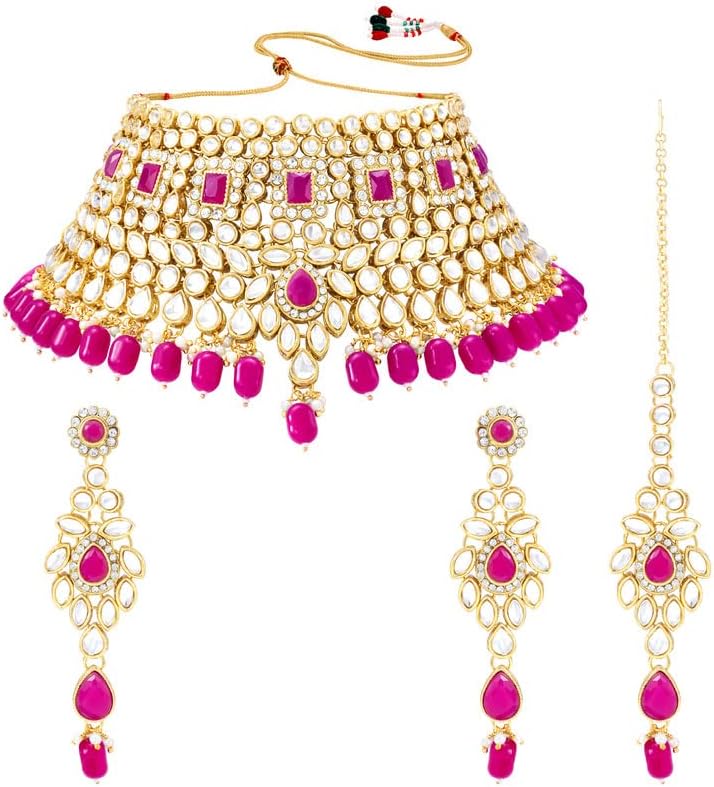 Aheli Indian Ethnic Gold Plated Green Rani Padmavati Kundan Pearl Bridal Choker Necklace Earrings with Maang Tikka Traditional Jewelry Set Gift for Women