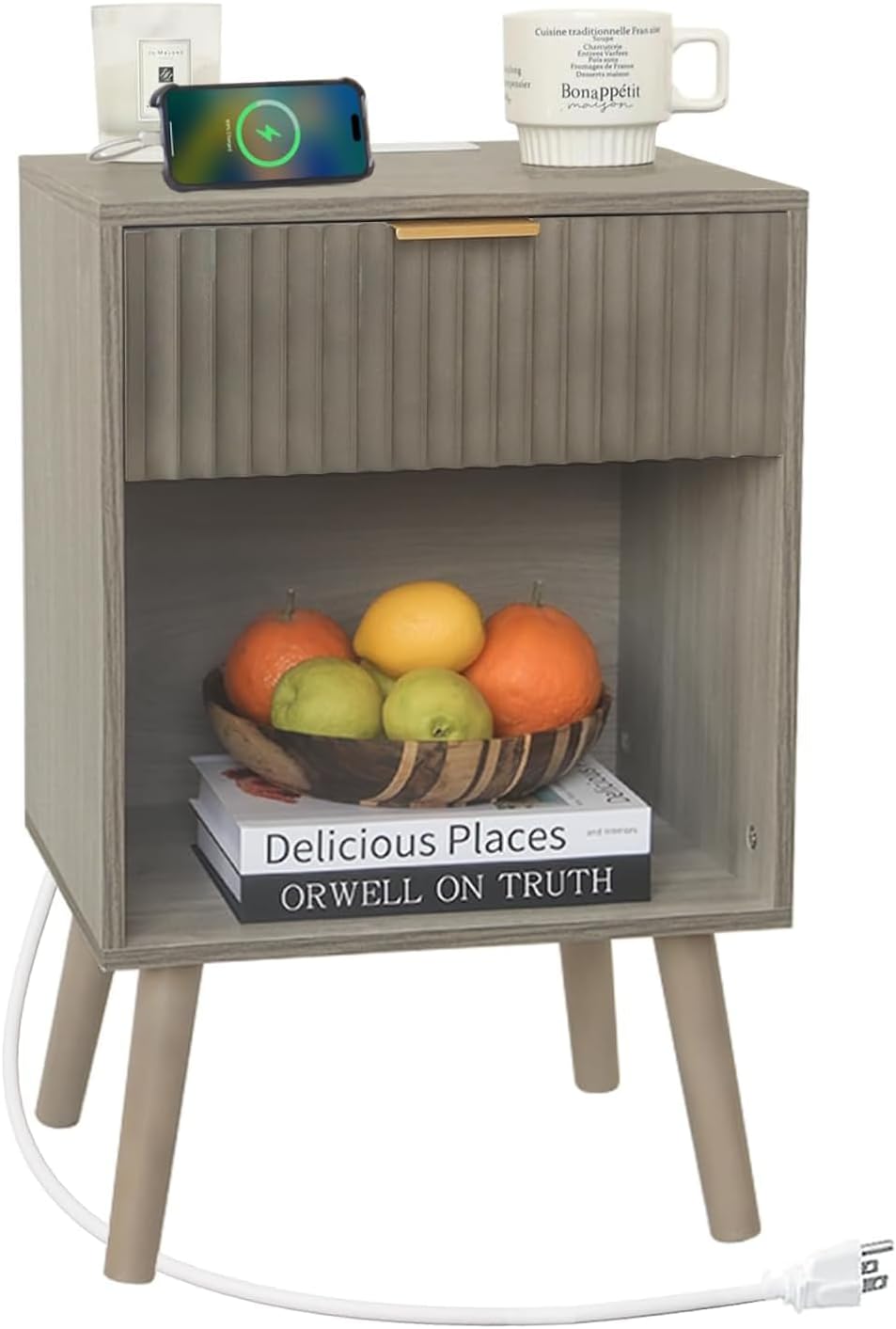 Grey Wood Nightstand with Charging Station, Modern Bedside Table with Fluted Drawers and Storage Shelf, End Side Tables Living Room for Bedroom, Office (Grey) Grey With Charging Station