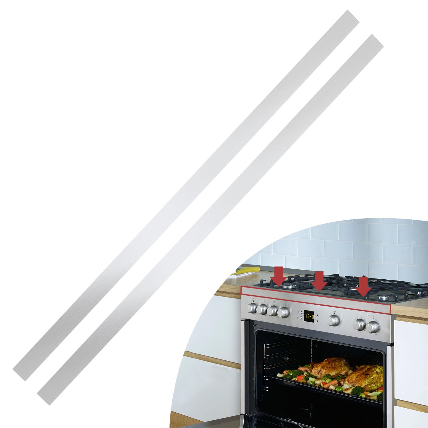 2 Pcs 304 Stainless Steel Strips, Brushed Self Adhesive Strip Metal Trim Strip, Finishing Sheet Metal Strips for Microwave/Oven/Range/Cooktop, 30" Long, 1" Wide Gap Filler for Kitchen Decor 1in Silver