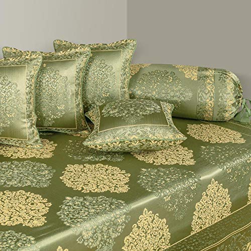 Image of Victor Polycotton Diwan Set 8 Pcs with 5 Pillows & 2 Bolster Covers | Damask Geometrical Printed Diwan Set for Living Room Hall | Comfort & Elegant Decor | Durable & Washable Design | Green