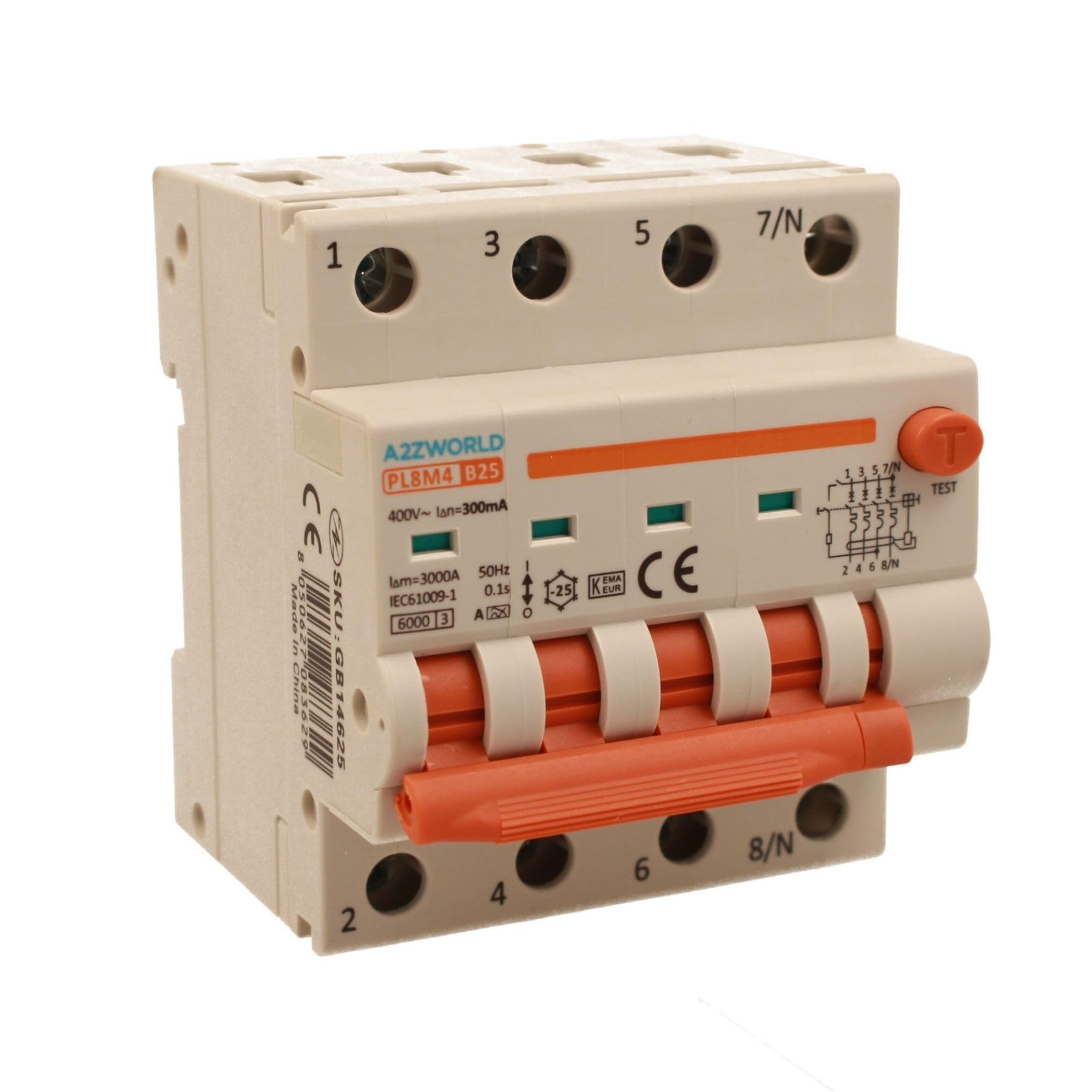 Interruttore Differenziale Magnetotermico Trifase 300mA Tipo A 25A B25, 4P Reali (NO 3P+N), Curva B 6kA 380V, Doppio Leva con Diagnostica Visiva, 4 Moduli DIN, Serie PL8M4