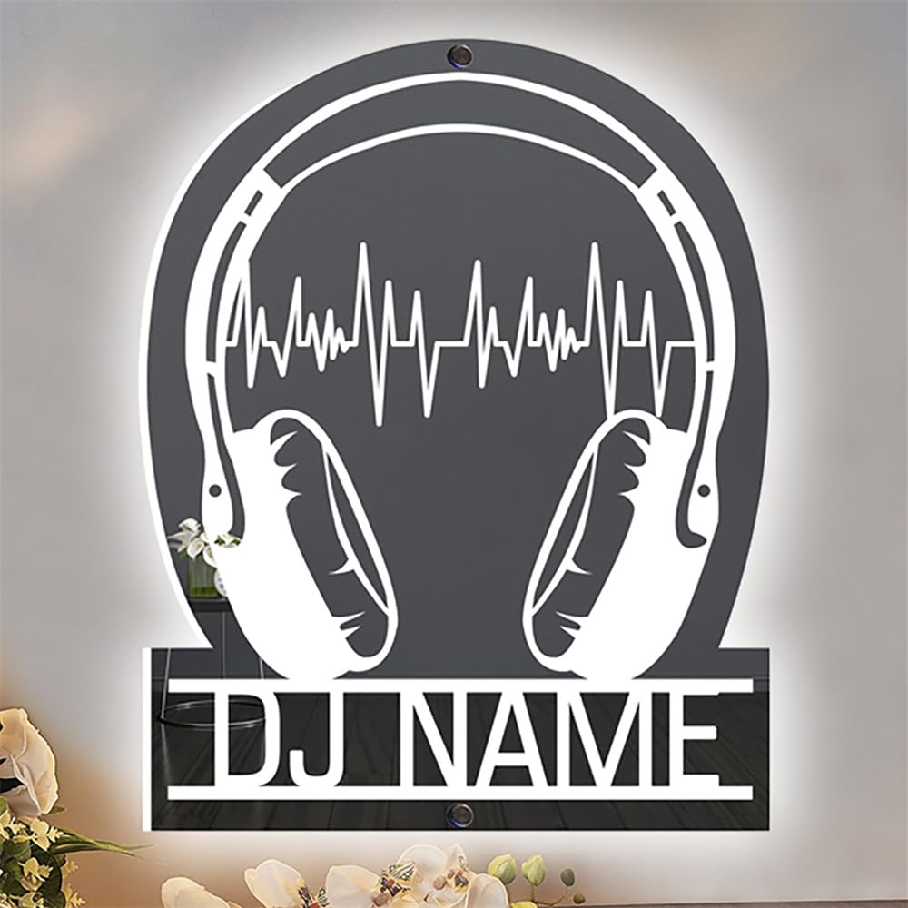 Custom Name Disc Music Player Wall Art Sign With LED Light, Personalized DJ Earphones Mirror Sign, DJ Headphones Led Neon Light Sign Wall Hanging