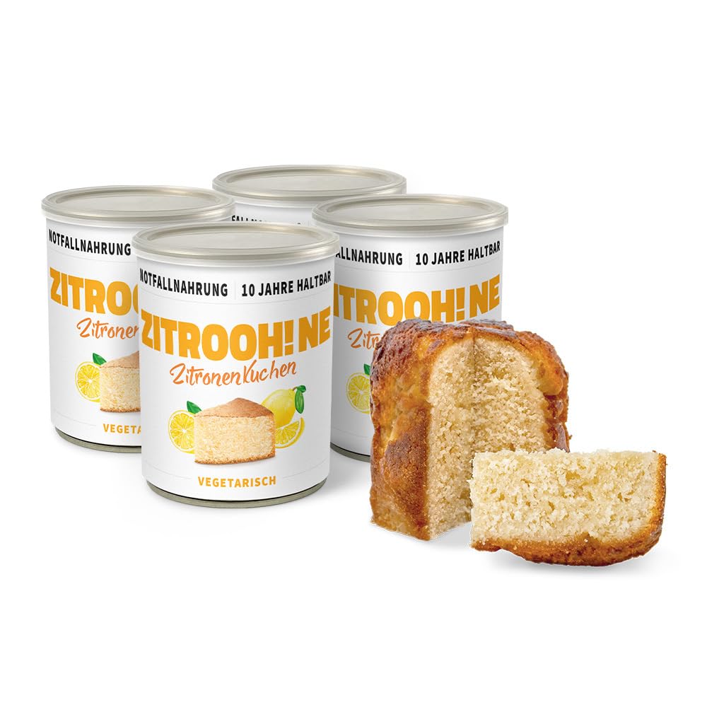 ration1 Camping Dosenkuchen, fertig gebackener Zitronenkuchen, 4x 360g, Kuchen passt in den Rucksack, zum Wandern, als Notvorrat, beim Picknick und für den jeden Tag Verzehr geeignet, 10 Jahre haltbar