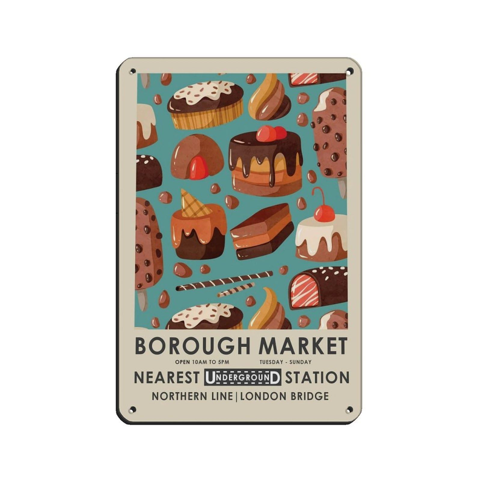 Borough Market, Kitchen Poster (2) Retro Poster Metal Tin Sign Chic Art Retro Iron Painting Bar People Cave Cafe Family Garage Poster Wall Decoration 8x12inch(20x30cm)