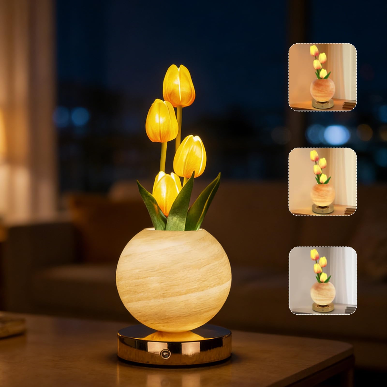 AVEKI Tulip Table Lamp,3 Color Dimmable Touch Crystal Vase Bedside Light,Rechargeable Cordless Artificial Tulips Flowers Desk Lamp Decor for Date Party Home,Romantic Gift for Woman Mom (Tulips-Orange)