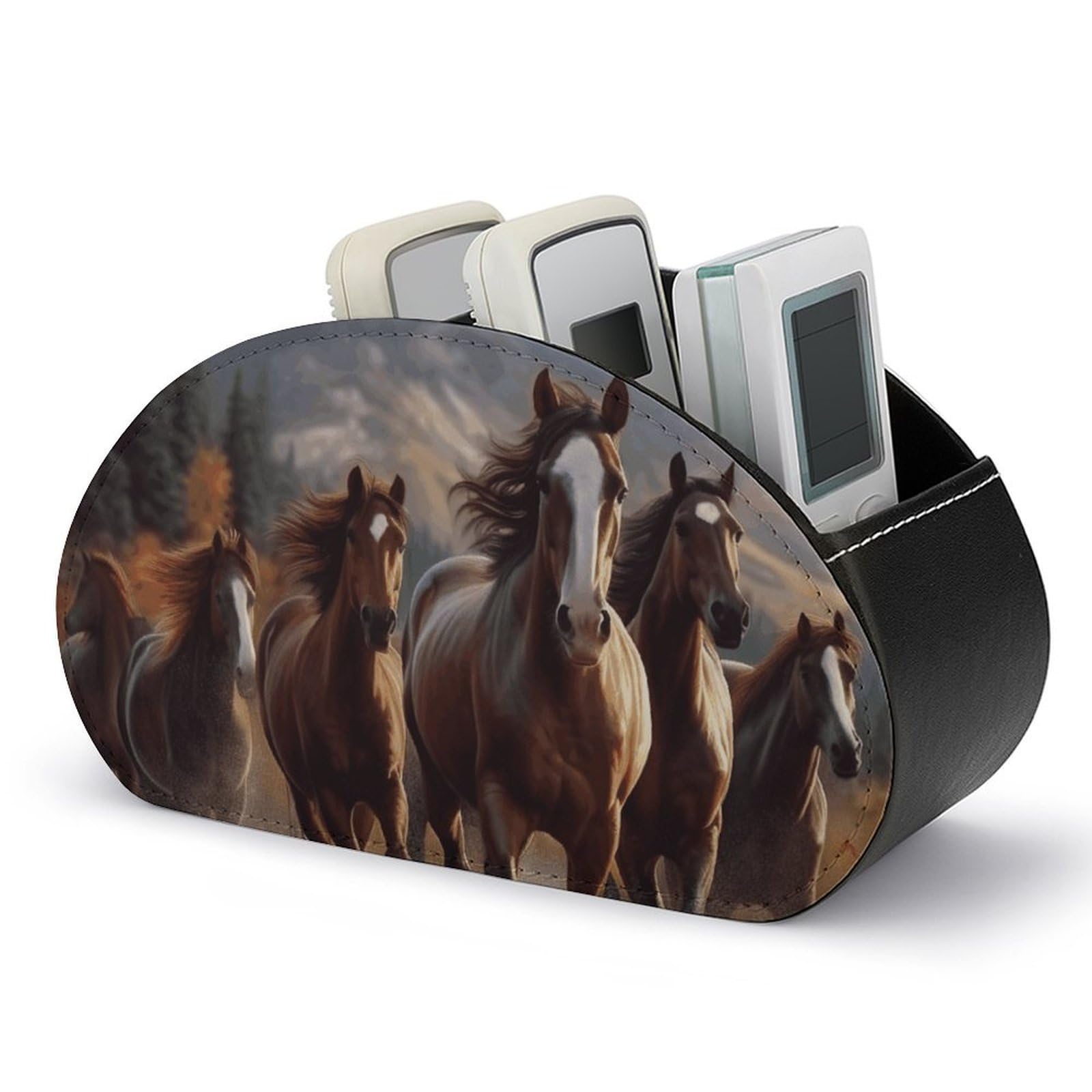 VstaDank Horses Remote Control Holder with 5 Compartments PU Leather Remote Caddy Desktop Organizer Store TV Remote Control Storage Box for Home Office Desk Nightstand