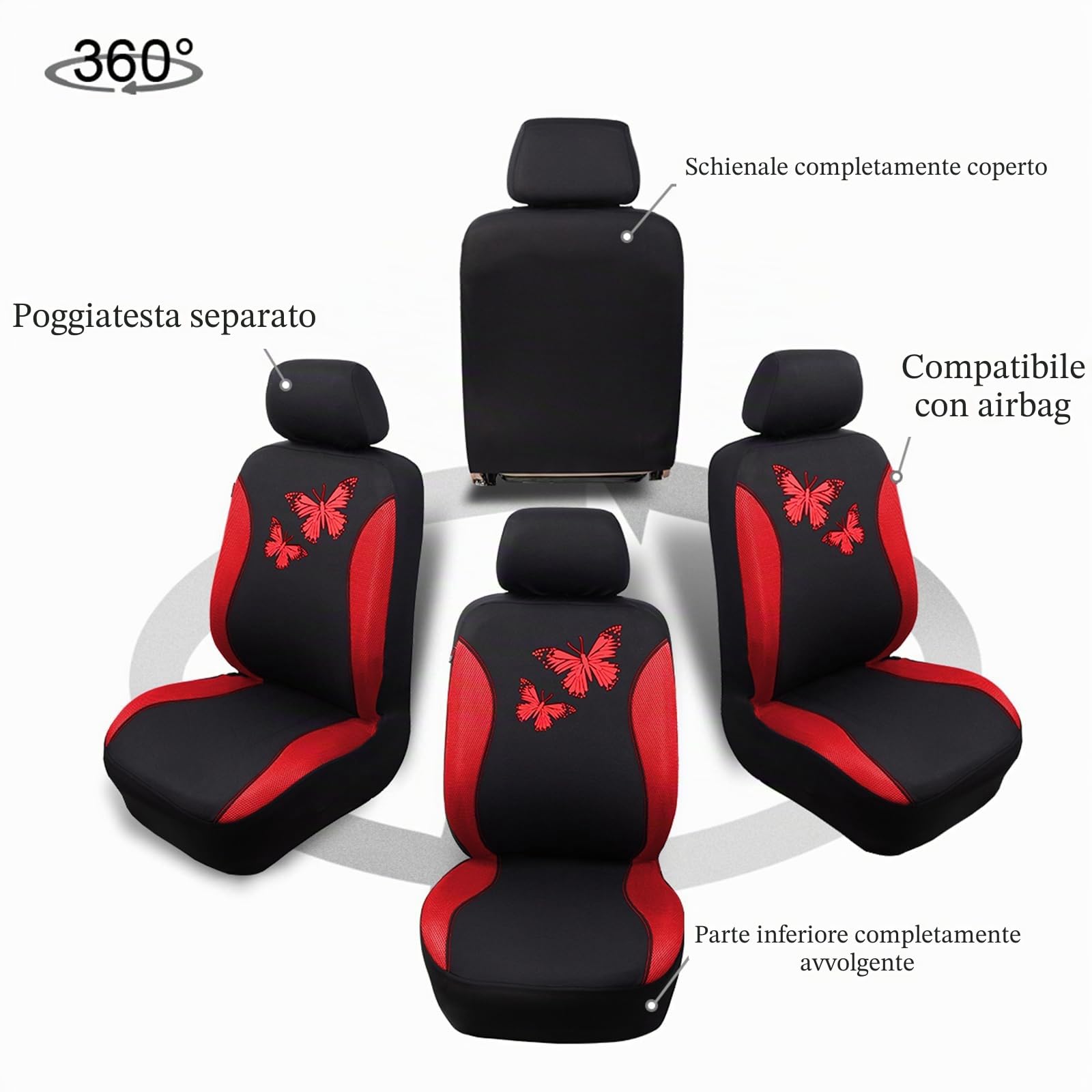 Flying Banner Coprisedili per auto in rete traspirante, Motivo a farfalla colorata, protezione compatibile con airbag (Set completo, Rosso)
