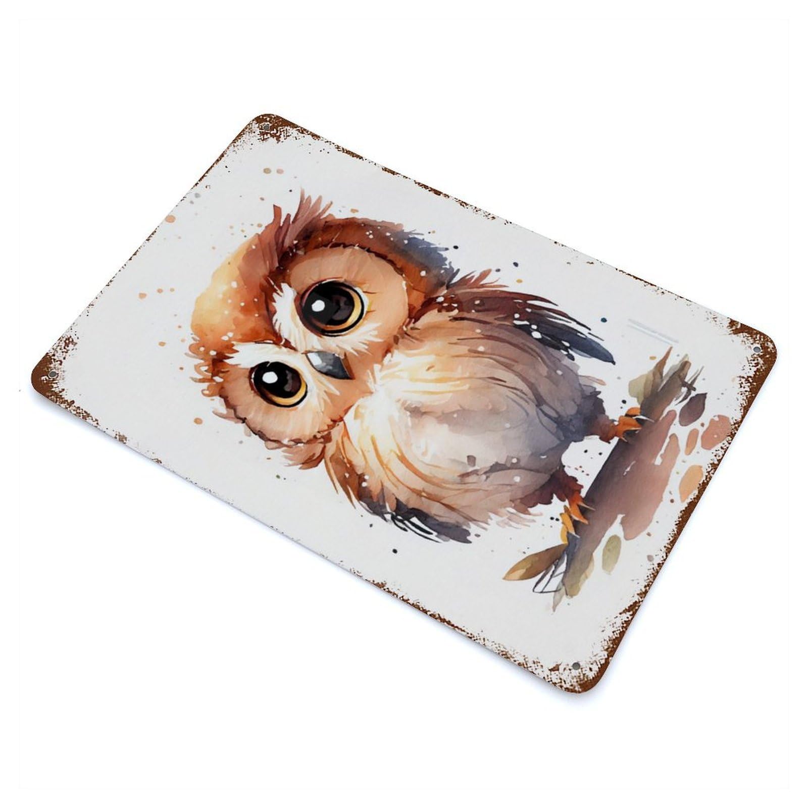 Distressed Metal Wall Sign with Owl Watercolor Cute Design 11.8"x7.9", for Shed, Workshop And Garage Wall Decor, Decorative Metal Wall Art