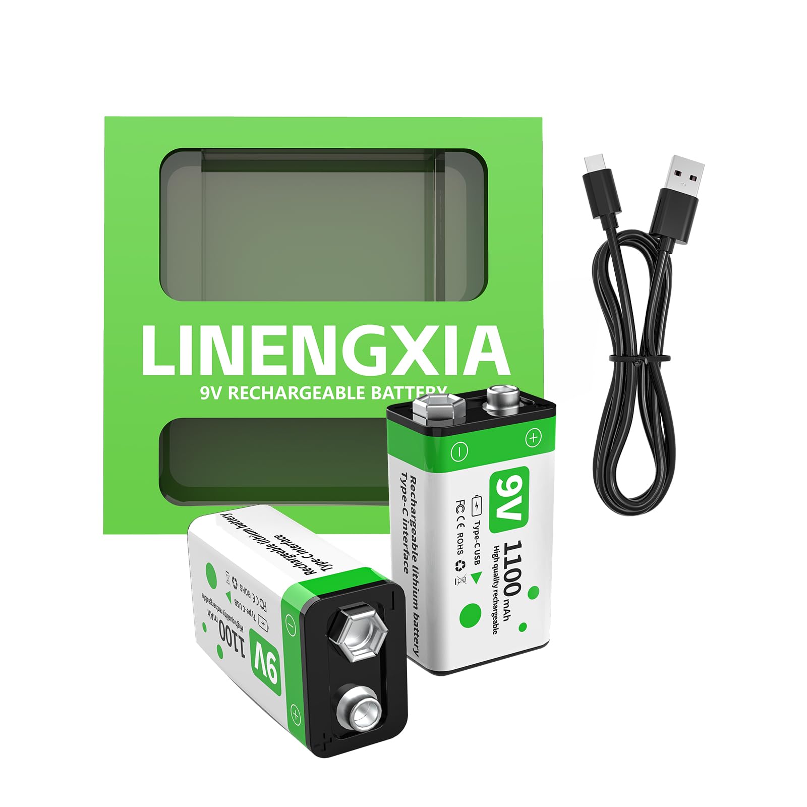 LINENGXIA 9V 1100mAh Lithium Rechargeable Batteries (2-Pack)