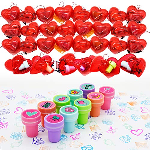 Kissdream 30 Packs Kids Valentine Party Favors Set with 30 Valentine's day style Stampers Filled Hearts and Valentine Cards for Kids Valentine Classroom Exchange, Kids Stampers for Kids Valentine, Gift Exchange & Game Prizes(0.9in)