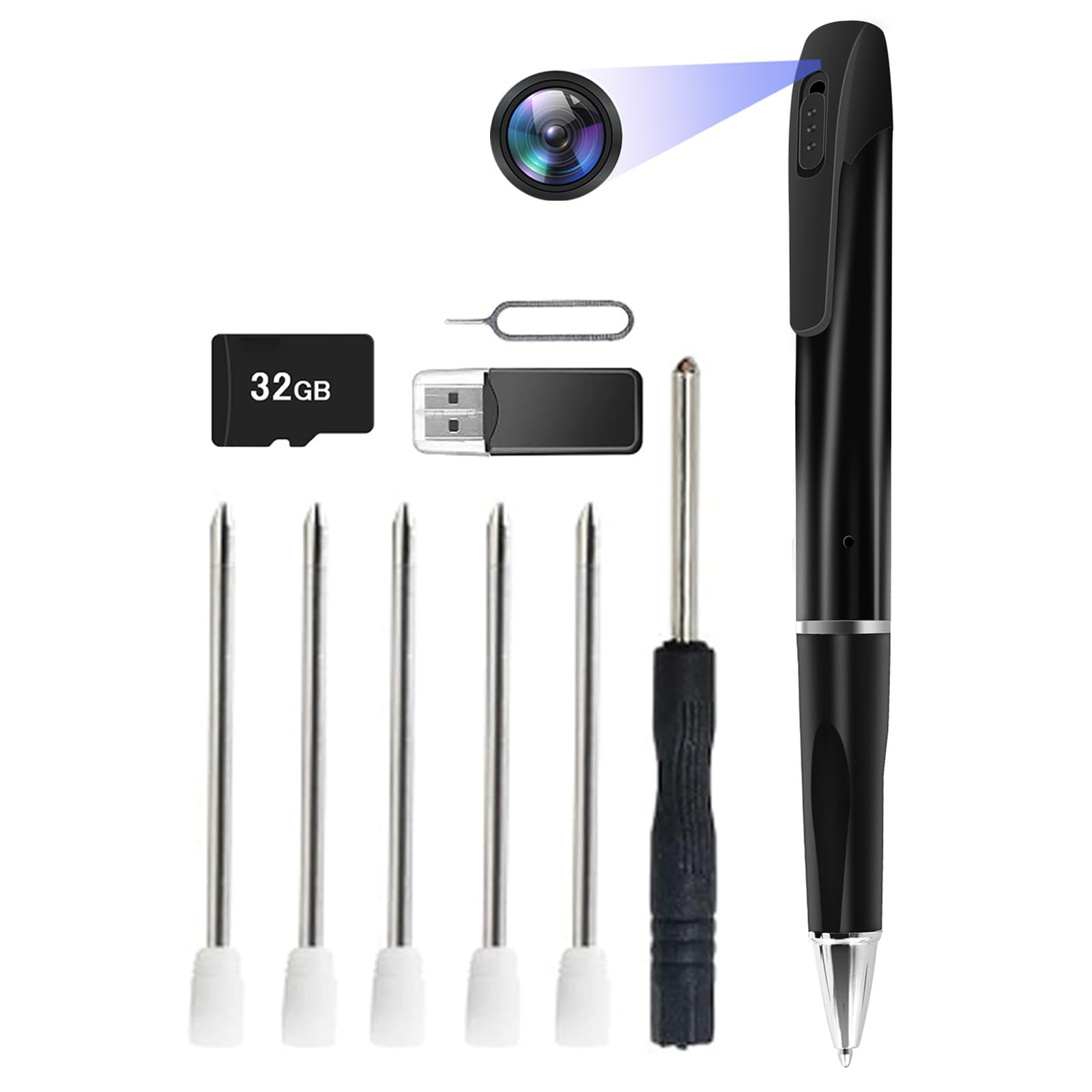 Telecamera Penna Spia 1080P, Microcamera Spia Invisibile con Audio, Portatile Telecamera Nascosta Spia con Micro SD da 32GB, Registrazione in Loop per aule, sale e altri luoghi al chiuso e all'aperto