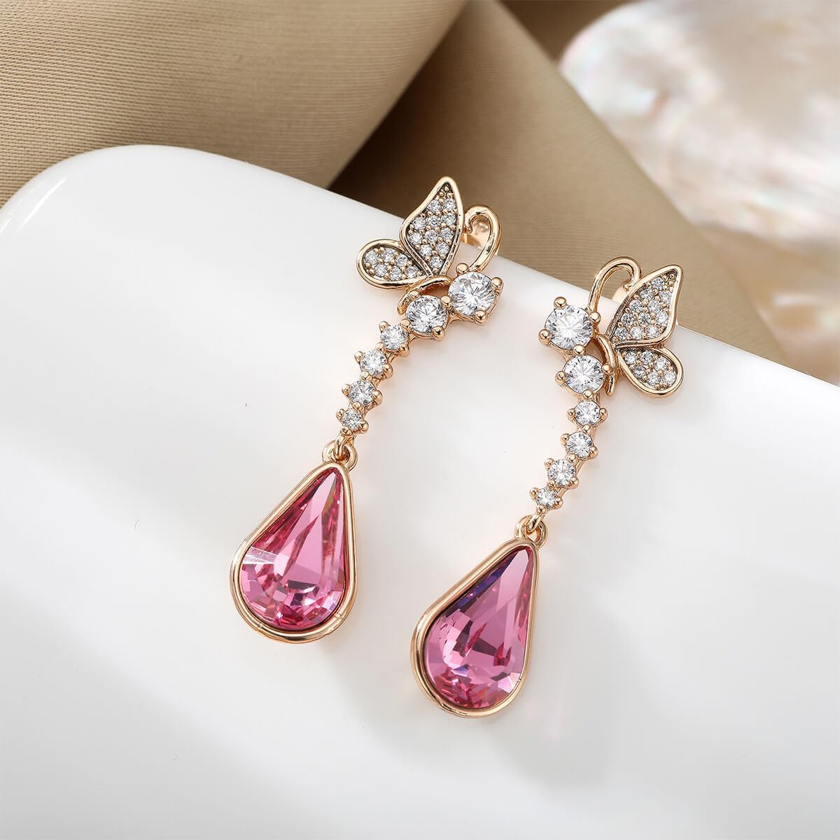 Cute Butterfly Austrian Crystal Teardrop Dangle Earrings for Women Trendy Drop Earring 14K Gold Plated Hypoallergenic Jewelry - Image 3