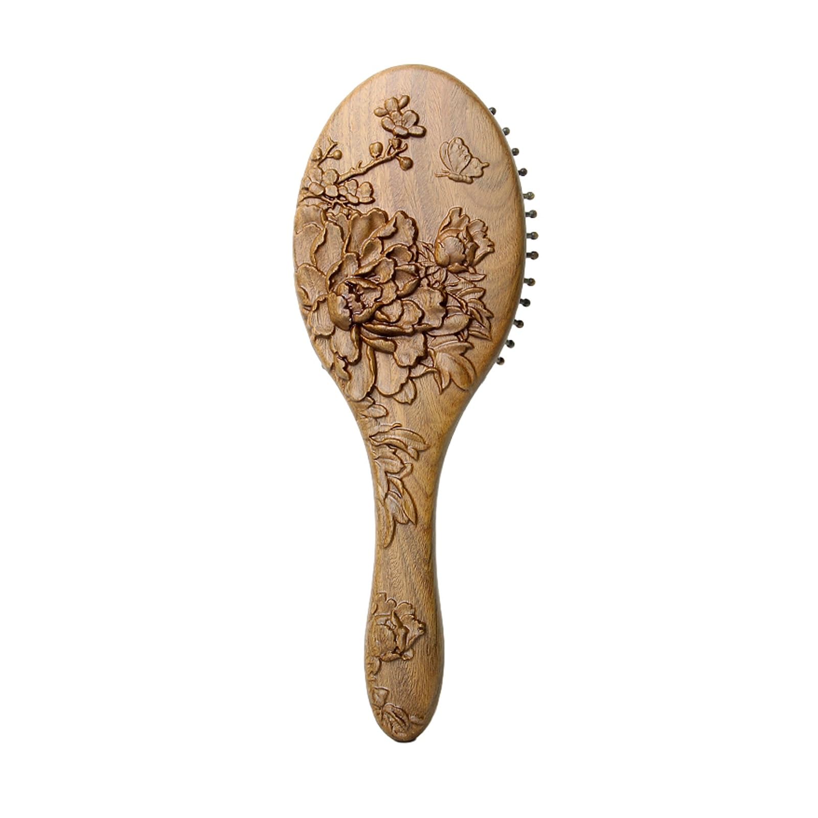 Spazzola per Capelli, Pettine Ovale in Legno per Massaggio con Intaglio di Fiori di peonia, Spazzola per Capelli antistatica districante con Cuscino d'Aria massaggiante