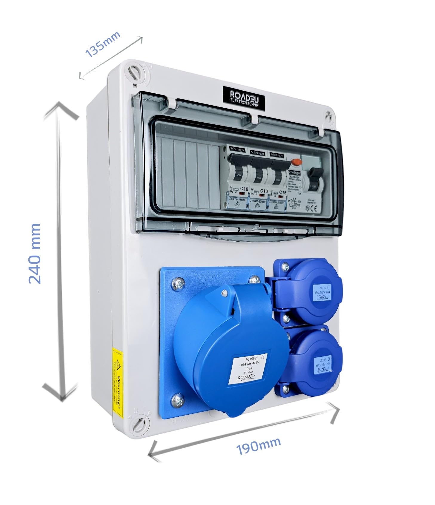 RoadEu Stromverteiler 230V IP44 mit FI, CEE 16A 3P und 2x Schuko