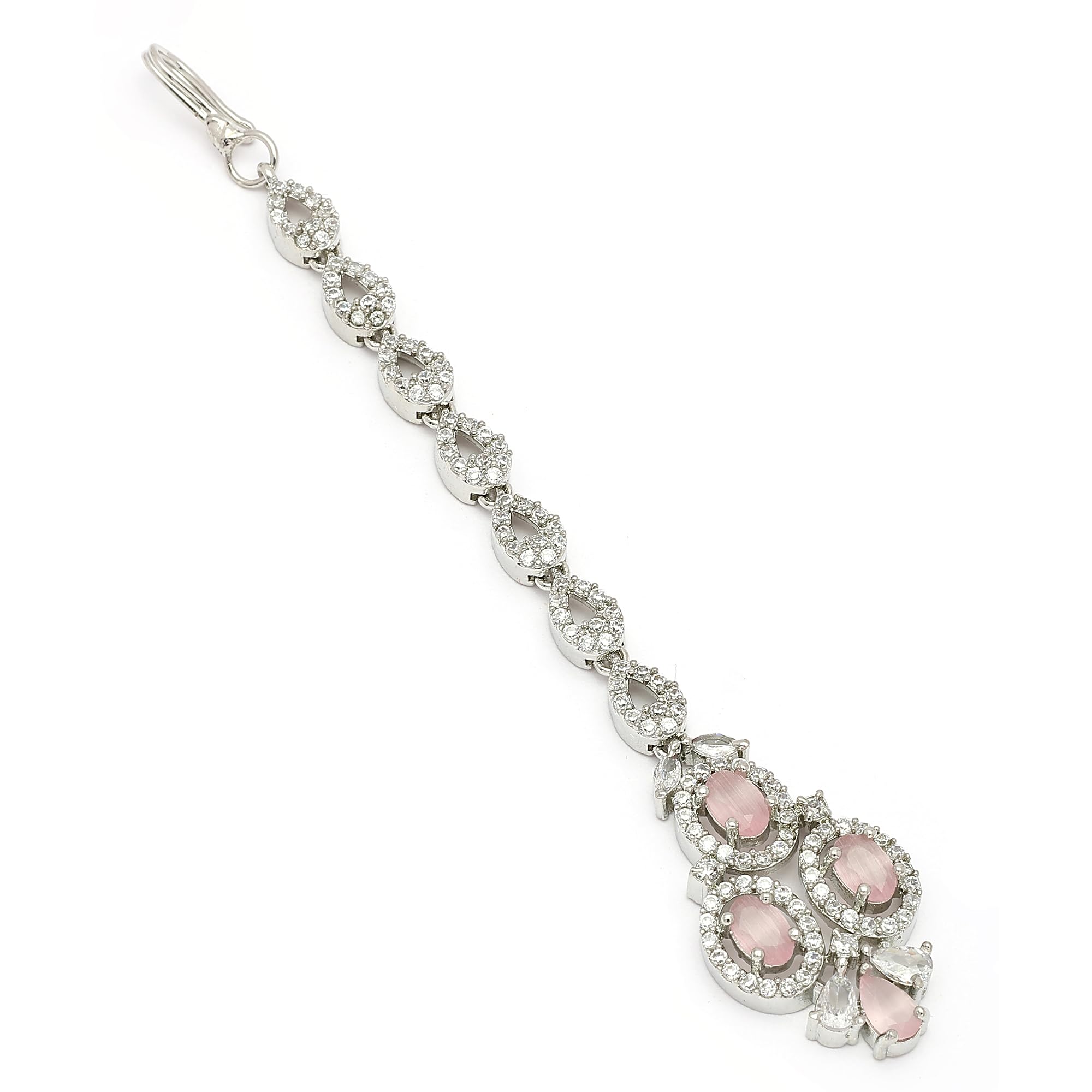zeneme Rhodium Plated Silver Toned Pink & White American Diamond Maangtikka For Women & Girls|Gifts|Jewellery-picture-24