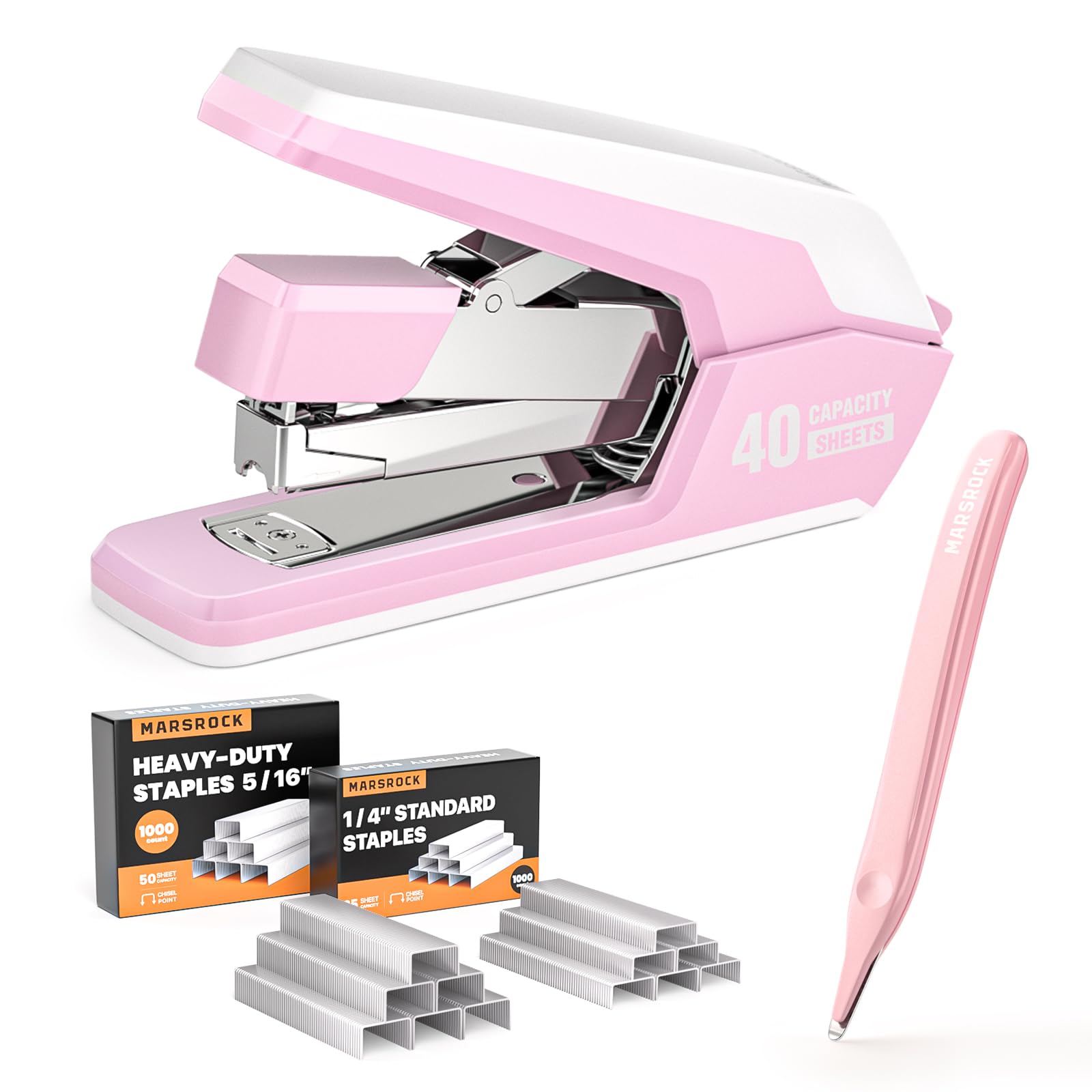 Marsrock Effortless Heavy Duty Desktop Stapler, 40 Sheet Capacity, 1-Finger Press Stapling, Ergonomic & Easy to Load, Includes 2000 Staples and Magnetic Staple Remover Pink