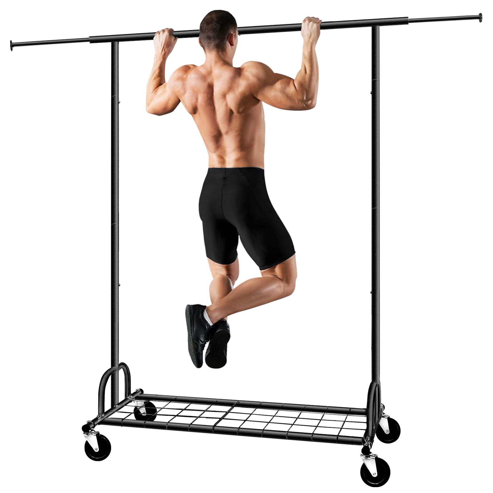 SPECILITE Clothes Rail Heavy Duty, Load Capacity 480LBS, 75" L Collapsible Metal Rolling Clothing Rack 2 In 1 with Extensible Size,Sturdy Wheels and Shelves,Chrome, Black