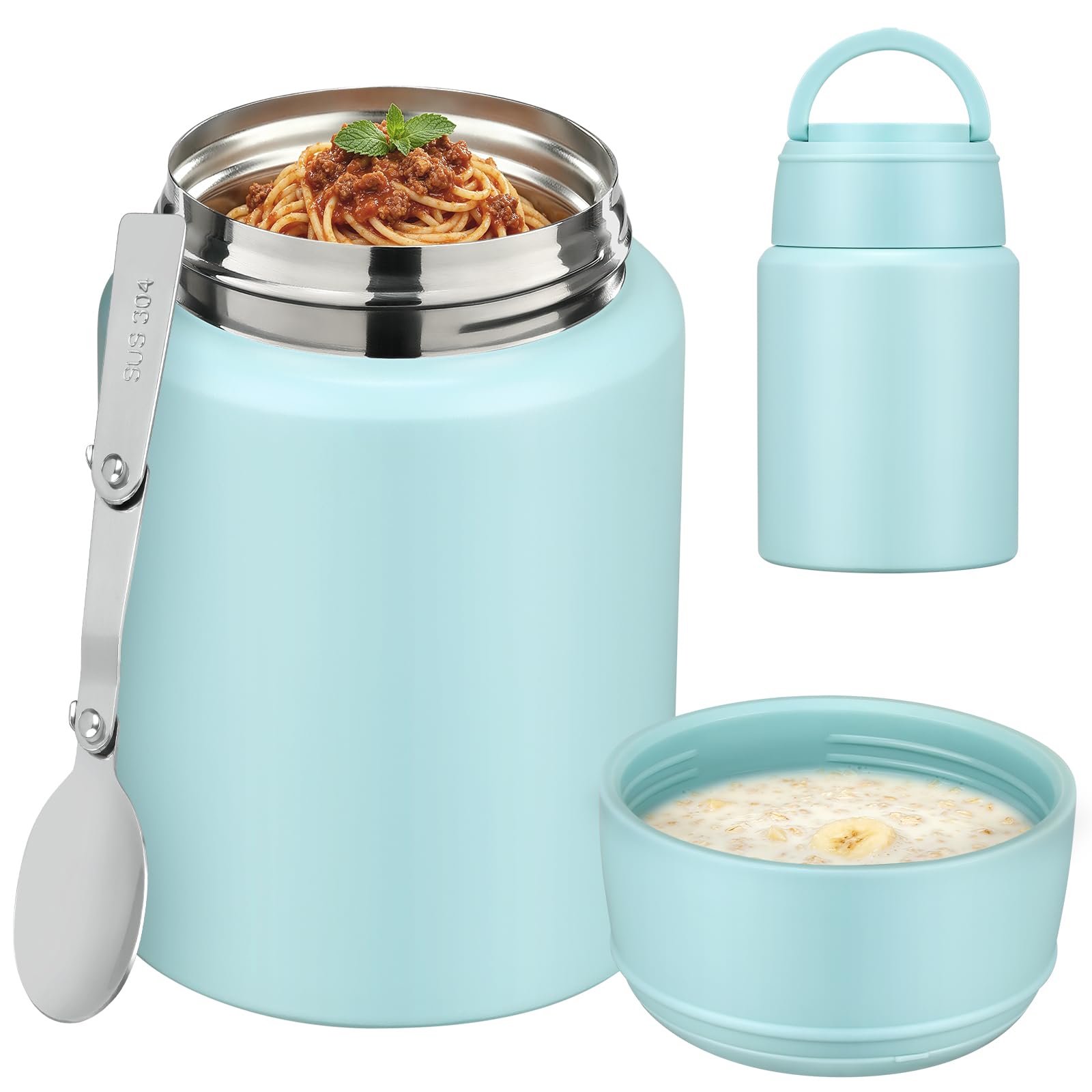 16oz Insulated Food Jar with Spoon, Stainless Steel,Ice Blue