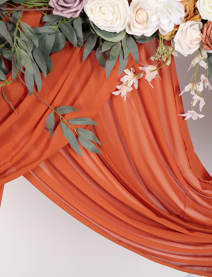 Lot de 2 panneaux de tissu drapé en mousseline de soie pour arche de mariage, décoration de fond de fête de mariage, orange brûlé et orange brûlé