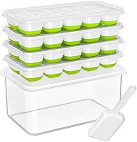 DOQAUS 4-Pack Silicone Ice Cube Trays with Lid, Bin & Scoop - Stackable Freezer Ice Bucket Kit for Kitchen, RV, Cocktails, Coffee