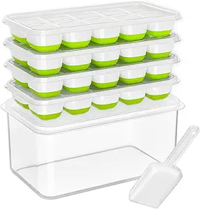 DOQAUS Ice Cube Tray with Lid and Bin, 4 Pack Silicone Plastic Ice Cubes Trays for Freezer with Box/Container, Stackable with Storage Iced Bucket Kits, Scoop, for RV, Soup, Food, Cocktail, Coffee