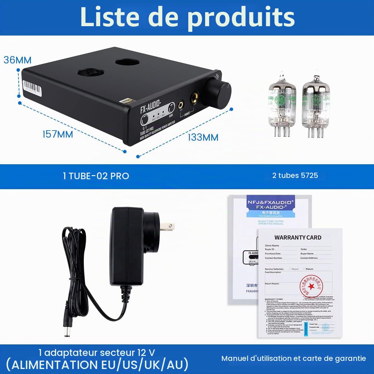 Tube 02 Pro Amplificateur de Casque Classe-A Mini Pré-Amp 5725 DC12V Noir