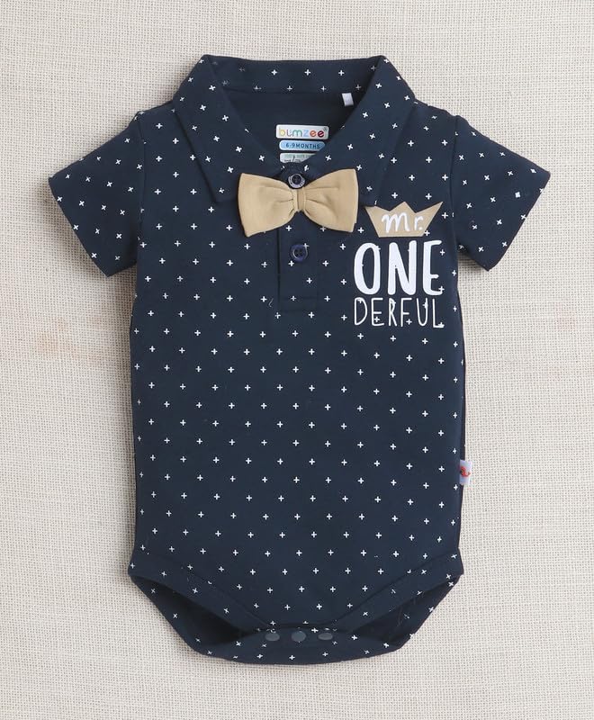 Image of BUMZEE Baby Boys Regular Fit Half Sleeves Collar Neck Cotton Bodysuit & Short Set With Bow Suspender & Cap