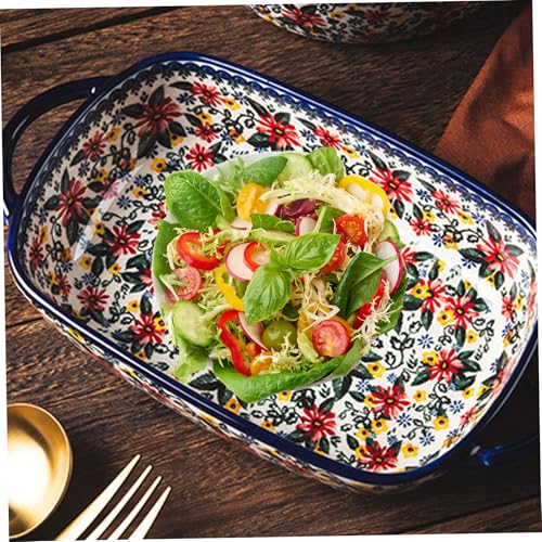 Fuente para Hornear, Fuente para Horno de Cerámica Resistente al Calor de 730 Ml con Asas Dobles, Lasaña Rectángulo con Estampado de Margaritas, Cacerolas Lavables Antideslizantes para Cocina, Decora