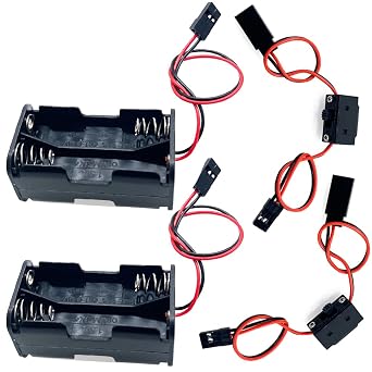 4 AA Battery Boxes with JR Type connectors and Power switches, Suitable for 1/8, 1/10, 1/16 Remote Control car, Truck, Track Type Off-Road Vehicles 2 JR Battery Boxes+2 JR Switch Lines