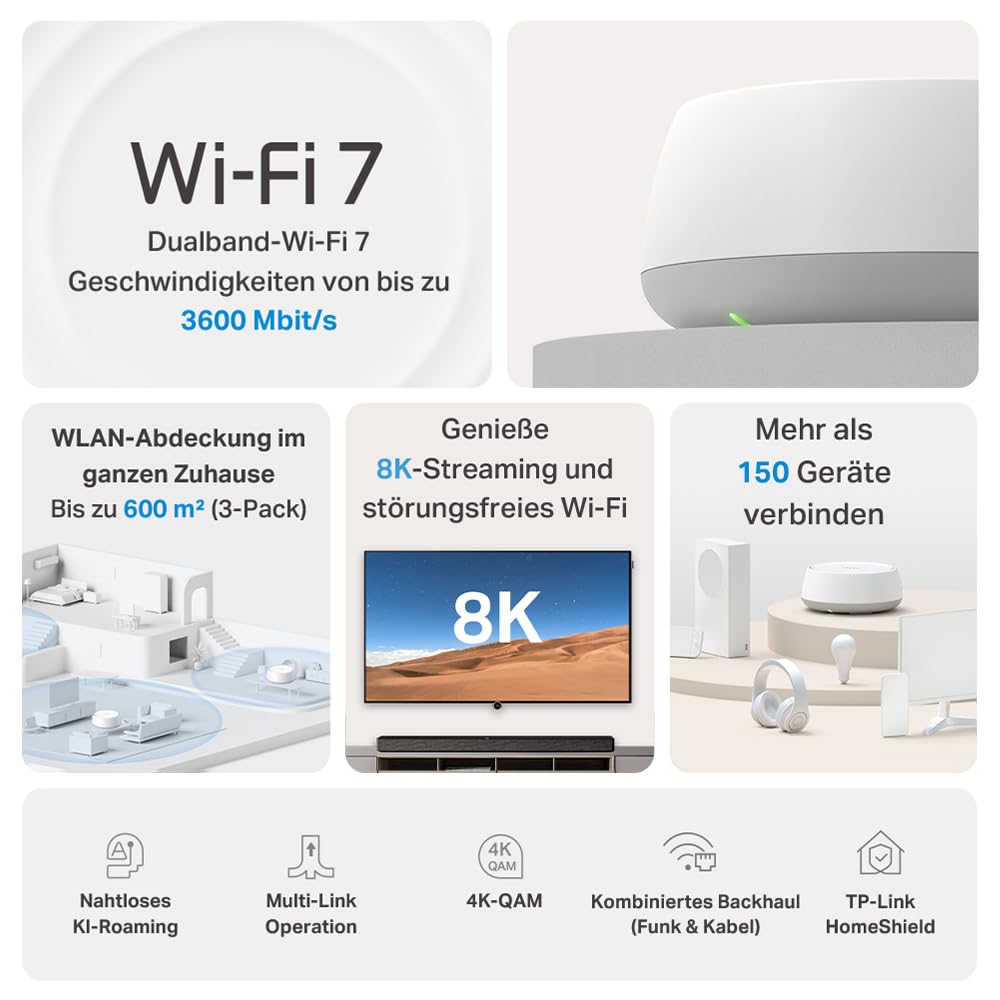 TP-Link Deco BE3600 Wi-Fi 7 Mesh-WLAN (3er Pack), 3,6 Gbps WLAN Dual-Band Router und Repeater, 2 × Gigabit-Port pro Einheit, MLO, WPA3, VPN, Kindersicherung, empfohlen für Häuser mit 4-5 Schlafzimmern