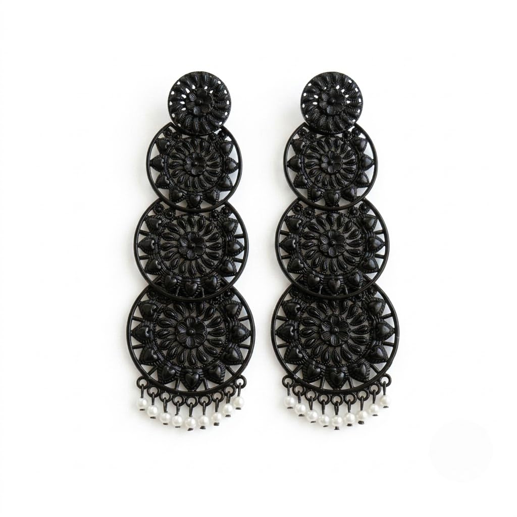 Traditional Oxidised Black Long Pearl Drop Earrings for Womens-picture-52