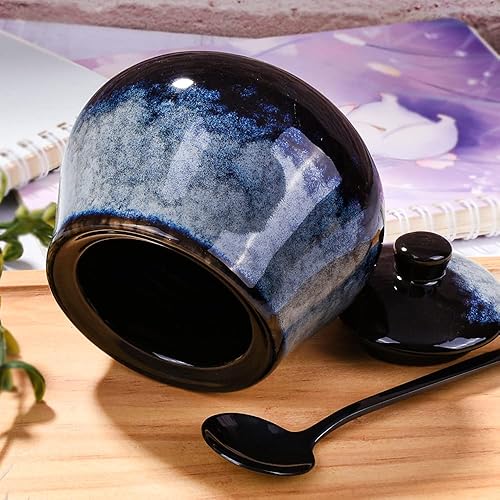 Miniatura 5 de Ceramic Sugar Bowls for Sugar Seasoning Salt Container with Lid and Stainless Steel Spoon for Home and Kitchen(Blue-gray)