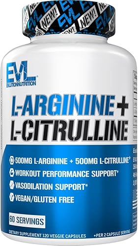 Evlution Nutrition L-Arginina + L-Citrulina - Suplemento de resistencia + rendimiento de entrenamiento - Complejo de 1000 mg - Vasodilatación +