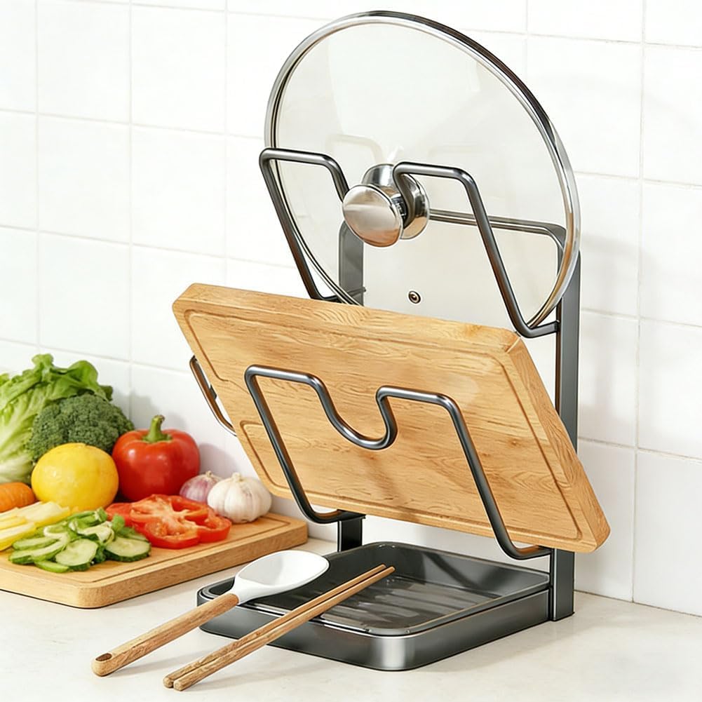 Kitchen Pot Lid Storage Rack, Stainless Steel Pot Lid Holder While Cooking & Spoon Rest, Multifunctional Pot Lid Organizer with Removable Drip Tray for Countertop, Space-Saving Lid Rack (Black2)