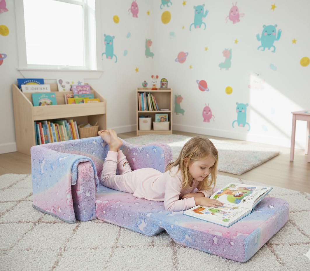 Convertible Sofa para Niños 2 en 1,Suave Cómoda Sofa con Manta para Niñas y Niños,Brilla en la Oscuridad Silla Plegable Niño para Dormitorio Sala de Juegos,Rosa Unicornio