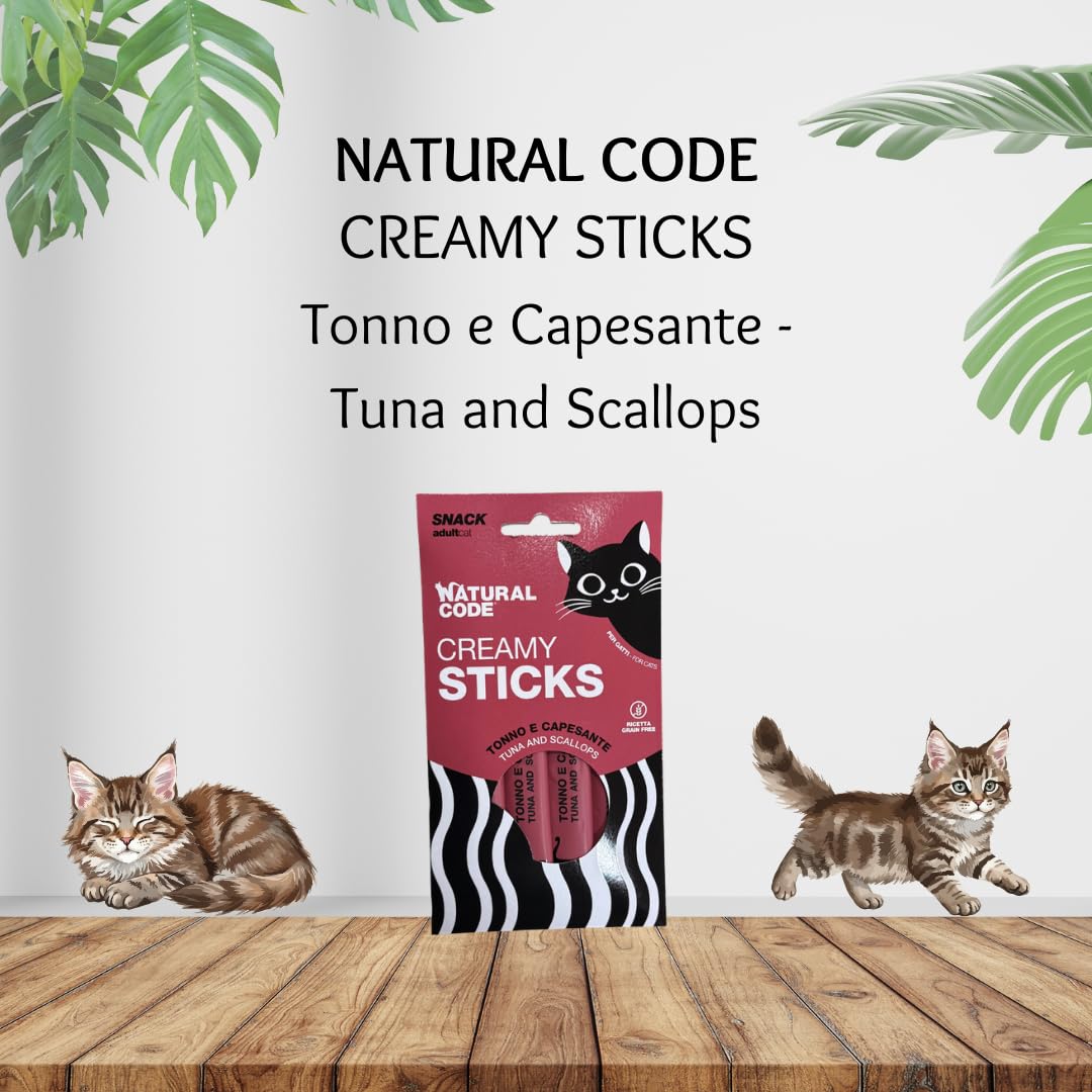 NATURAL CODE Gatto Snack Creamy Sticks gusto Tonno e Capesante | alimento complementare per gatti di tutte le taglie e razze, 4 tubetti di mousse a confezione, Grain Free, 3 confezioni da 56 grammi.