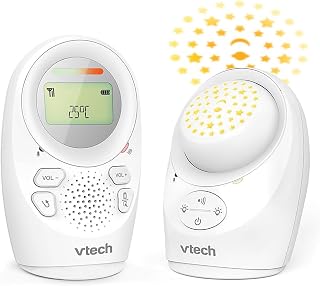 VTech DM1212-IT Baby-Audiobabyphone, Reichweite bis 460 m, Akku-Laufzeit bis 8 Stunden, Projektions-Nachtlicht, Schlaflieder, Gegensprechfunktion, Geräuschwarnungen, sichere Datenübertragung, Weiß
