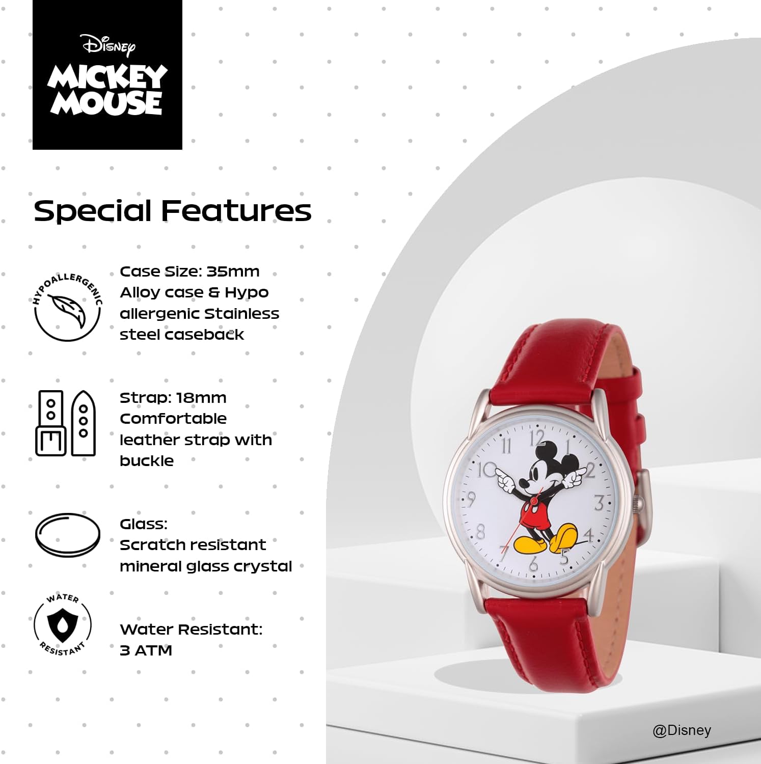 Disney Mickey Watch - Watch for Women - Mickey Mouse Watches for Women Toys - 90s Mouse - Vintage - Articulating Hands - Gold Case - Brown Leather Strap - Image 4