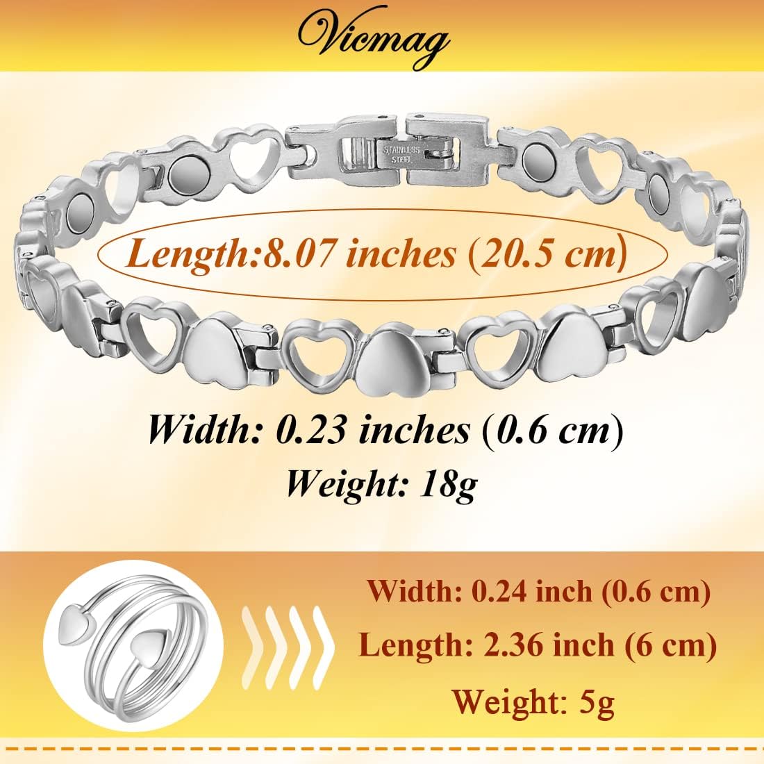 Vicmag Magnetic Bracelets for Women Ladies Titanium Steel Ultra Strength Magnets Bracelet with 3500 Gauss for Women with Gift Box & Removal Tool(Love Heart Design for Ladies)(Silver) - Image 4