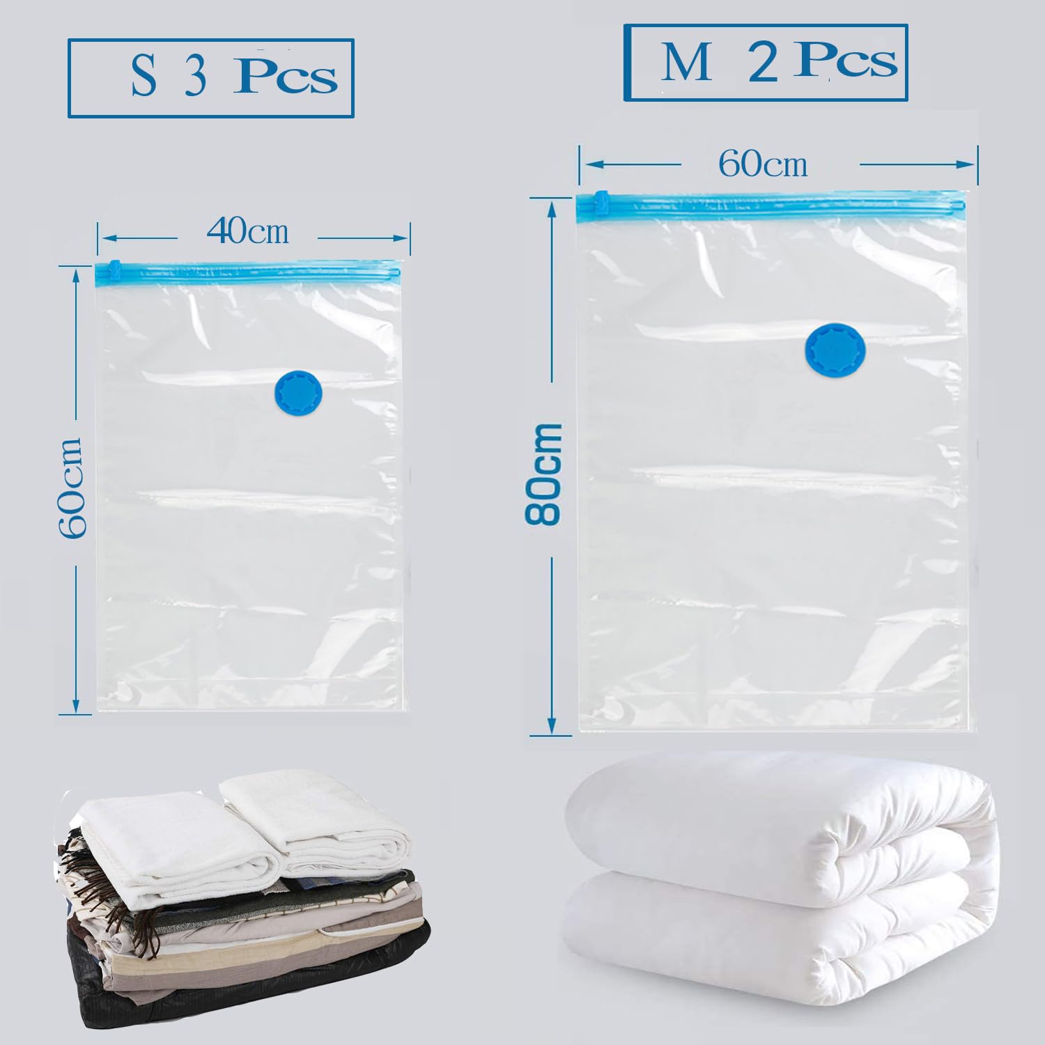 ZWMYF Vacuum Storage Bags. 80% More Storage!Vacuum Seal Bags Double-Zip Seal and Triple Seal Turbo-Valve for Max Space Saving 3(60x40cm)+2(60X80) - Image 3