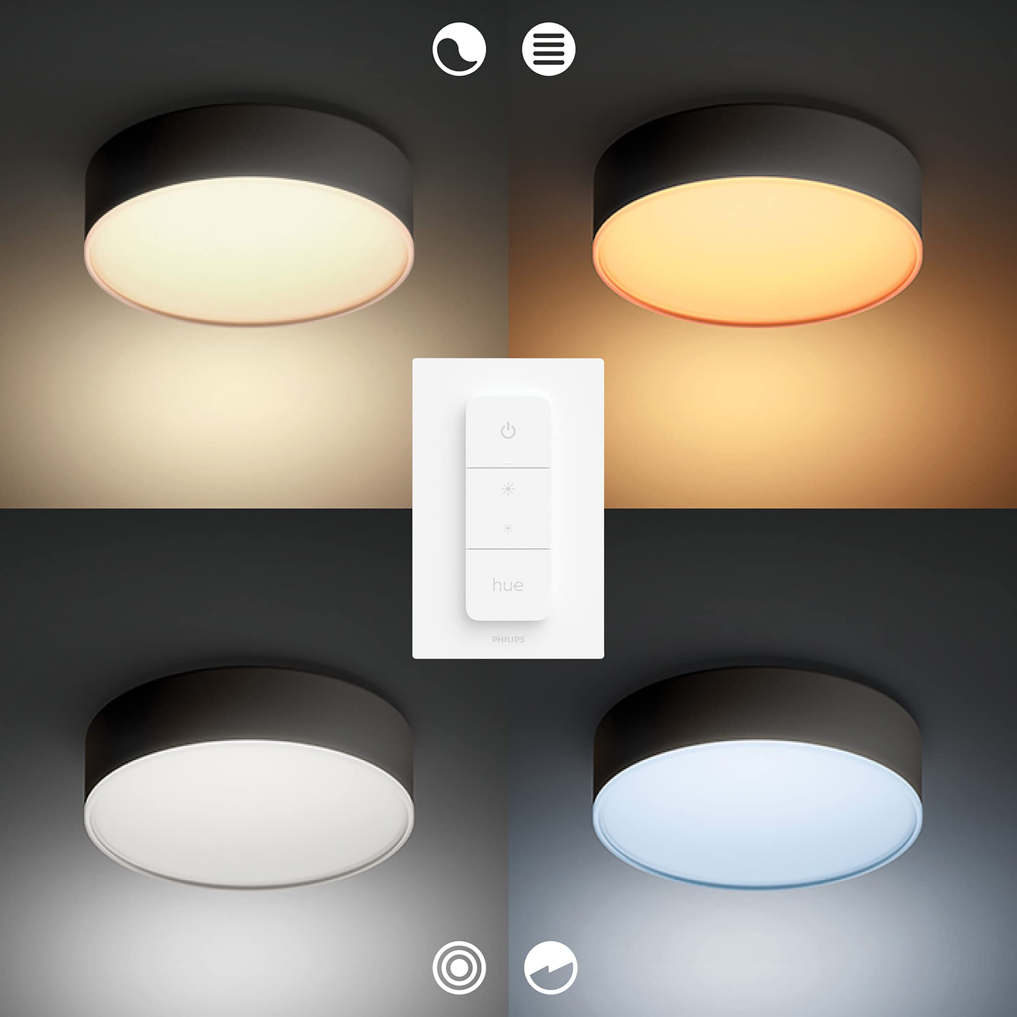 Philips Hue White Ambiance Enrave Deckenleuchte XL (6.100 lm) inkl. Dimmschalter, dimmbare Deckenlampe für das Hue Lichtsystem mit allen Weißtönen, smarte Lichtsteuerung über Sprache und App, schwarz