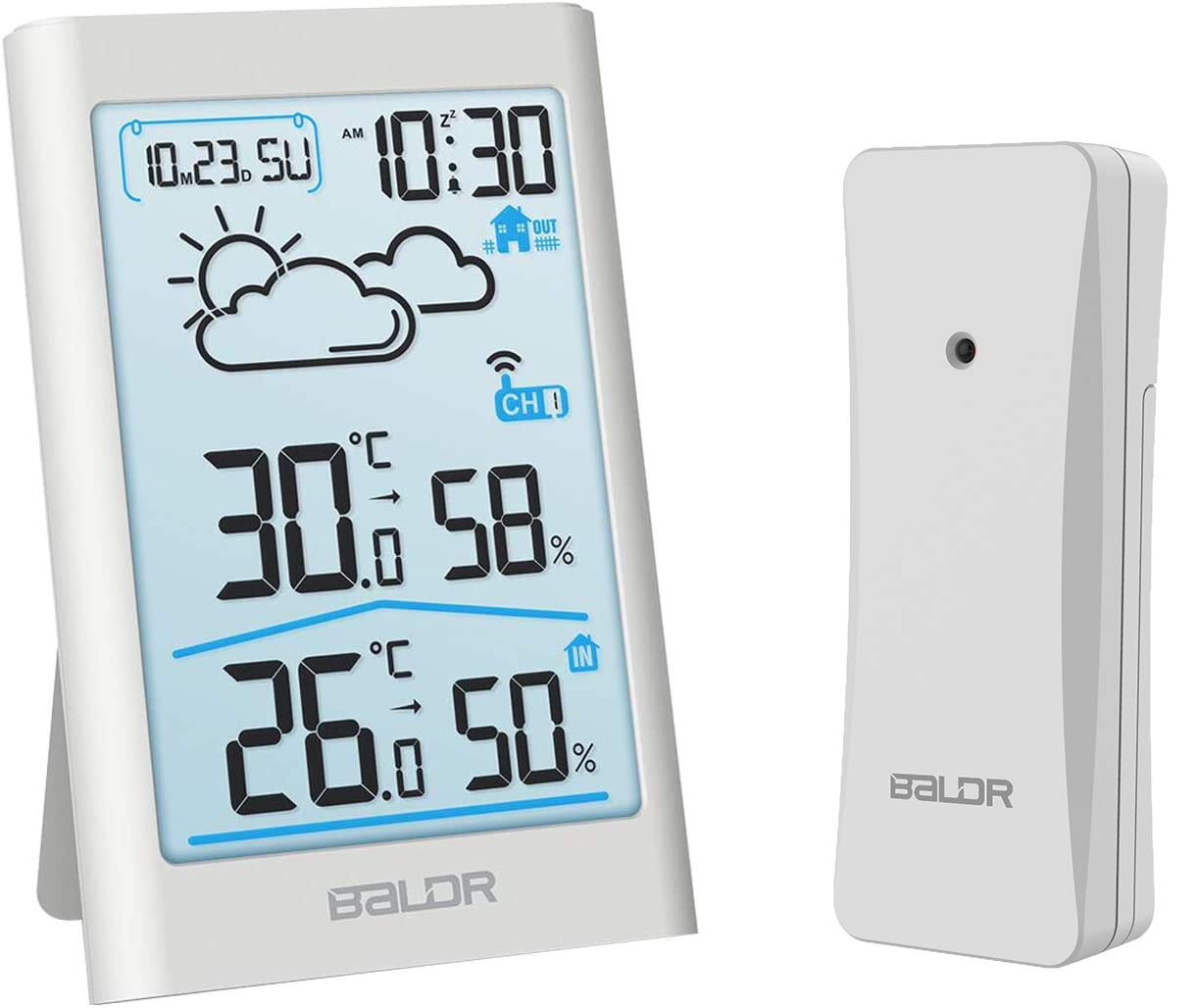 BALDR B0341 Weather Stations with Outdoor Sensor Wireless, Digital Thermometer hygrometer Indoor/Outdoor, Room Thermometer with Weather Forecast, clock, alarm and night light